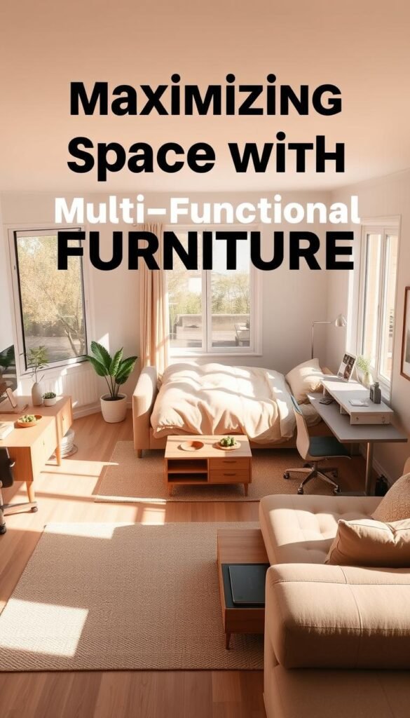 A bright, airy studio apartment filled with a versatile sofa that transforms into a cozy double bed, a modular coffee table with hidden storage compartments, and a sleek, height-adjustable desk that can serve as a dining table. The room is bathed in warm, natural light from large windows, creating a sense of openness and flow. Subtle hints of greenery and minimalist decor add to the modern, space-saving aesthetic. The overall vibe is one of functionality, comfort, and efficient use of limited square footage - the perfect embodiment of "Maximizing Space with Multi-Functional Furniture" for a tiny home. A bright, airy studio apartment filled with a versatile sofa that transforms into a cozy double bed, a modular coffee table with hidden storage compartments, and a sleek, height-adjustable desk that can serve as a dining table. The room is bathed in warm, natural light from large windows, creating a sense of openness and flow. Subtle hints of greenery and minimalist decor add to the modern, space-saving aesthetic. The overall vibe is one of functionality, comfort, and efficient use of limited square footage - the perfect embodiment of "Maximizing Space with Multi-Functional Furniture" for a tiny home.