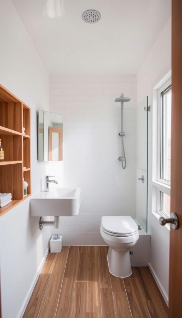 A bright, modern bathroom in a tiny home, with a sleek floating vanity, a compact yet efficient toilet, and a rainfall showerhead in a glass-enclosed stall. The room is filled with natural light from a large window, casting a warm glow on the minimalist white tiles and wooden accents. Innovative storage solutions, such as recessed shelving and a hidden medicine cabinet, maximize the limited space. The overall design is both functional and aesthetically pleasing, reflecting the practical yet stylish nature of tiny home living. A bright, modern bathroom in a tiny home, with a sleek floating vanity, a compact yet efficient toilet, and a rainfall showerhead in a glass-enclosed stall. The room is filled with natural light from a large window, casting a warm glow on the minimalist white tiles and wooden accents. Innovative storage solutions, such as recessed shelving and a hidden medicine cabinet, maximize the limited space. The overall design is both functional and aesthetically pleasing, reflecting the practical yet stylish nature of tiny home living.