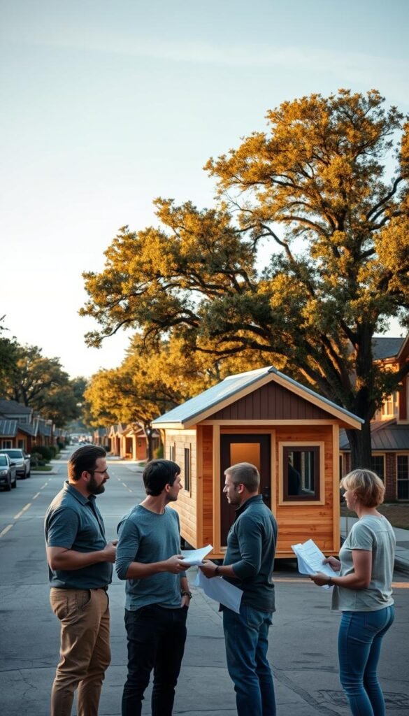 A bustling suburban street in Houston, with rows of cozy tiny houses lining the sidewalks. In the foreground, three skilled tiny house builders are gathered, discussing plans and sketches, their hands gesturing animatedly. The middle ground features a partially constructed tiny home, its wooden frame and metal roof gleaming in the warm, golden sunlight. In the background, a row of mature oak trees sways gently, casting dappled shadows across the scene. The overall atmosphere is one of industrious creativity, with a touch of Texan charm. A bustling suburban street in Houston, with rows of cozy tiny houses lining the sidewalks. In the foreground, three skilled tiny house builders are gathered, discussing plans and sketches, their hands gesturing animatedly. The middle ground features a partially constructed tiny home, its wooden frame and metal roof gleaming in the warm, golden sunlight. In the background, a row of mature oak trees sways gently, casting dappled shadows across the scene. The overall atmosphere is one of industrious creativity, with a touch of Texan charm.