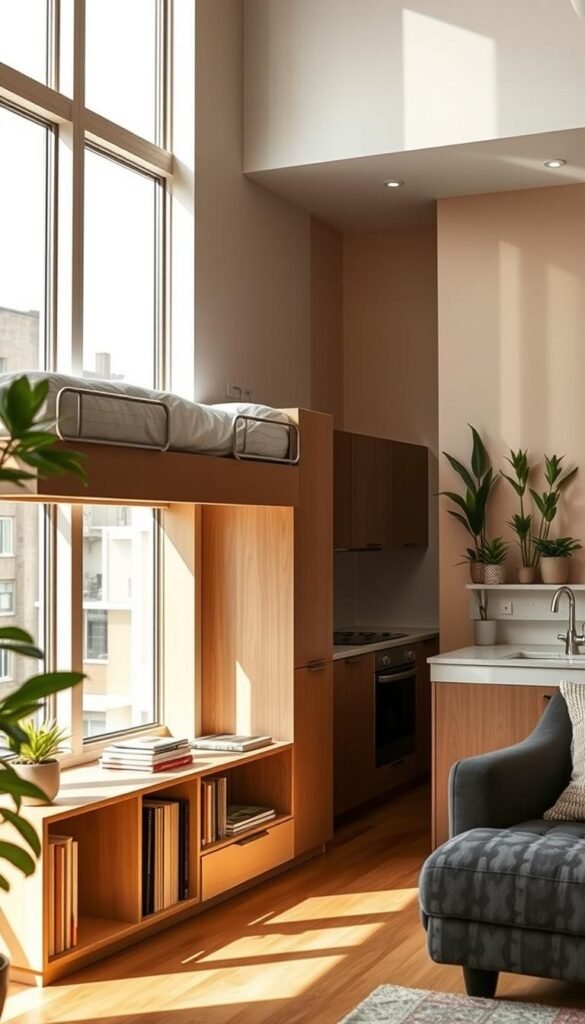 A cozy and efficient compact living space, flooded with soft, natural daylight from large windows. In the foreground, a multi-functional furniture piece doubles as a bookshelf, storage cabinet, and convertible sleeping area. The middle ground features a minimalist kitchen with sleek appliances and ample counter space, while the background showcases a serene indoor plant display against a neutral, warm-toned wall. The overall atmosphere is one of simplicity, functionality, and calm - capturing the essence of thoughtful, space-saving design for a compact urban dwelling. A cozy and efficient compact living space, flooded with soft, natural daylight from large windows. In the foreground, a multi-functional furniture piece doubles as a bookshelf, storage cabinet, and convertible sleeping area. The middle ground features a minimalist kitchen with sleek appliances and ample counter space, while the background showcases a serene indoor plant display against a neutral, warm-toned wall. The overall atmosphere is one of simplicity, functionality, and calm - capturing the essence of thoughtful, space-saving design for a compact urban dwelling.