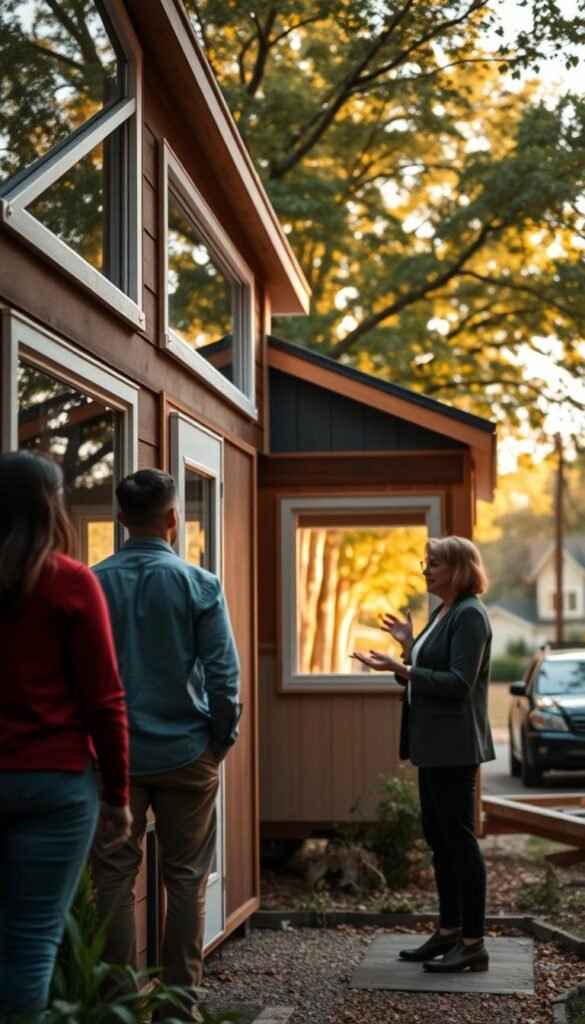 A cozy and inviting tiny house nestled in a verdant Atlanta suburb. In the foreground, a couple carefully inspects the home's interior, admiring the efficient layout and natural light streaming through large windows. In the middle ground, a real estate agent enthusiastically describes the home's features, gesturing towards the open-concept living space. The background reveals a picturesque street lined with mature trees, suggesting the tranquil, residential neighborhood. Warm, soft lighting and a lens with a shallow depth of field create an intimate, welcoming atmosphere, capturing the excitement and personalization of the tiny home purchase process. A cozy and inviting tiny house nestled in a verdant Atlanta suburb. In the foreground, a couple carefully inspects the home's interior, admiring the efficient layout and natural light streaming through large windows. In the middle ground, a real estate agent enthusiastically describes the home's features, gesturing towards the open-concept living space. The background reveals a picturesque street lined with mature trees, suggesting the tranquil, residential neighborhood. Warm, soft lighting and a lens with a shallow depth of field create an intimate, welcoming atmosphere, capturing the excitement and personalization of the tiny home purchase process.