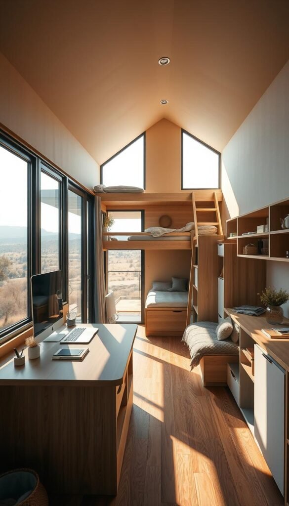 A cozy, compact living space with warm, natural lighting filtering through large windows overlooking a tranquil, minimalist landscape. The foreground features a well-designed multifunctional furniture piece, integrating a small workspace, storage, and a comfortable seating area. The middle ground showcases clever space-saving solutions, like a lofted bed and hidden storage compartments. The background depicts a serene, earthy color palette and clean architectural lines, conveying a sense of balance, efficiency, and modern simplicity. A cozy, compact living space with warm, natural lighting filtering through large windows overlooking a tranquil, minimalist landscape. The foreground features a well-designed multifunctional furniture piece, integrating a small workspace, storage, and a comfortable seating area. The middle ground showcases clever space-saving solutions, like a lofted bed and hidden storage compartments. The background depicts a serene, earthy color palette and clean architectural lines, conveying a sense of balance, efficiency, and modern simplicity.