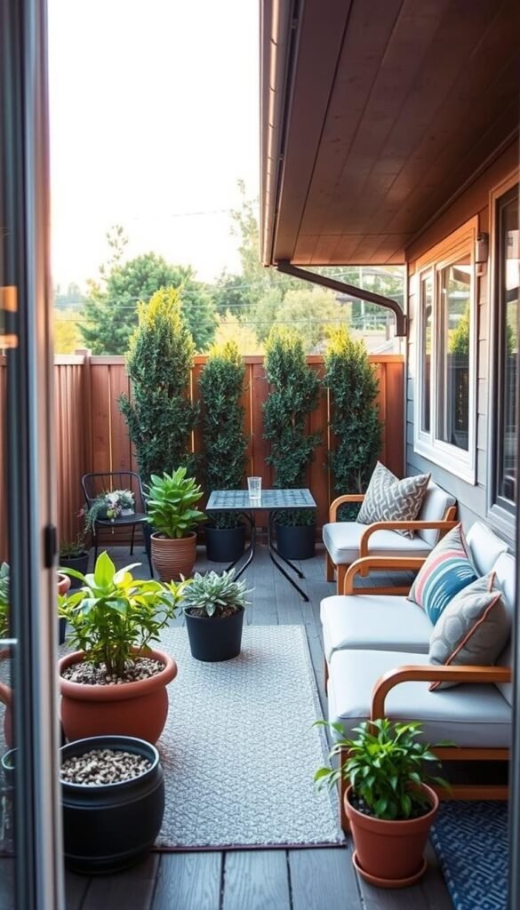 A cozy outdoor living space in a tiny home, with a well-designed patio featuring a comfortable seating area, a small dining table, and lush potted plants. The scene is bathed in warm, natural light, creating a inviting and relaxing atmosphere. In the background, a wooden fence and a few shrubs provide a sense of privacy and separation from the surrounding landscape. The entire setup is compact, efficient, and tailored to the limited footprint of a tiny home, showcasing how to maximize the use of outdoor space. A cozy outdoor living space in a tiny home, with a well-designed patio featuring a comfortable seating area, a small dining table, and lush potted plants. The scene is bathed in warm, natural light, creating a inviting and relaxing atmosphere. In the background, a wooden fence and a few shrubs provide a sense of privacy and separation from the surrounding landscape. The entire setup is compact, efficient, and tailored to the limited footprint of a tiny home, showcasing how to maximize the use of outdoor space.