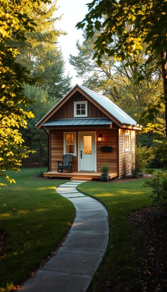 A cozy, well-designed tiny home nestled amid lush, verdant foliage in a serene Atlanta suburb. The house is bathed in warm, golden afternoon sunlight, casting a soft, inviting glow across the wooden siding and metal roof. A small porch with a pair of rocking chairs overlooks a manicured lawn, with a winding path leading to a nearby nature trail. Inside, the open-concept layout features ample natural light, minimalist furnishings, and clever storage solutions that optimize the limited space. An overall sense of tranquility and harmony pervades the scene, hinting at the joys of simplified, sustainable living in close proximity to the vibrant city. A cozy, well-designed tiny home nestled amid lush, verdant foliage in a serene Atlanta suburb. The house is bathed in warm, golden afternoon sunlight, casting a soft, inviting glow across the wooden siding and metal roof. A small porch with a pair of rocking chairs overlooks a manicured lawn, with a winding path leading to a nearby nature trail. Inside, the open-concept layout features ample natural light, minimalist furnishings, and clever storage solutions that optimize the limited space. An overall sense of tranquility and harmony pervades the scene, hinting at the joys of simplified, sustainable living in close proximity to the vibrant city.