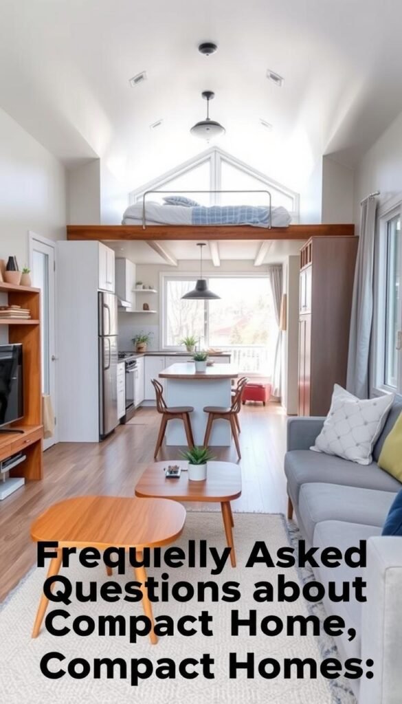 A cozy, well-lit interior of a compact home, showcasing a modern and functional design. In the foreground, a minimalist living area with a comfortable sofa and a mid-century inspired coffee table. In the middle ground, a spacious kitchen with sleek cabinets, a small dining table, and an abundance of natural light filtering through large windows. In the background, a loft-style bedroom with a cozy bed and strategic storage solutions. The overall atmosphere is one of simplicity, efficiency, and thoughtful utilization of space, capturing the essence of frequently asked questions about compact homes. A cozy, well-lit interior of a compact home, showcasing a modern and functional design. In the foreground, a minimalist living area with a comfortable sofa and a mid-century inspired coffee table. In the middle ground, a spacious kitchen with sleek cabinets, a small dining table, and an abundance of natural light filtering through large windows. In the background, a loft-style bedroom with a cozy bed and strategic storage solutions. The overall atmosphere is one of simplicity, efficiency, and thoughtful utilization of space, capturing the essence of frequently asked questions about compact homes.