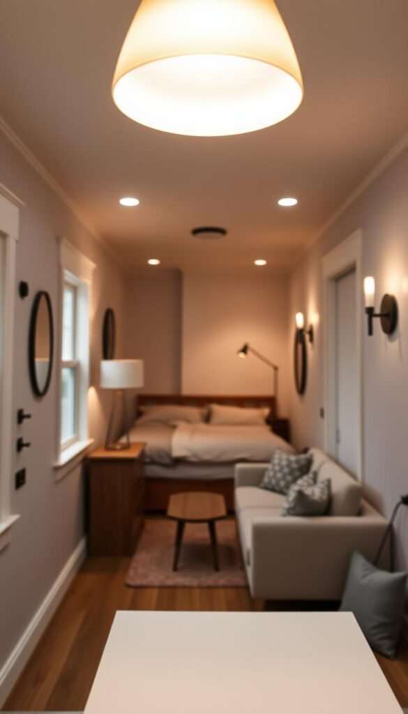 A cozy, well-lit tiny home interior with a focus on thoughtful lighting solutions. In the foreground, a clean-lined pendant light with a warm, diffused glow illuminates a small dining table. In the middle ground, a floor lamp with an adjustable arm casts a soft, ambient light across the living area. The background features discreet recessed lighting and minimalist wall sconces that accentuate the architectural details of the space. The overall mood is one of tranquility and efficiency, with each lighting element strategically placed to maximize the sense of openness and functionality in the compact layout. A cozy, well-lit tiny home interior with a focus on thoughtful lighting solutions. In the foreground, a clean-lined pendant light with a warm, diffused glow illuminates a small dining table. In the middle ground, a floor lamp with an adjustable arm casts a soft, ambient light across the living area. The background features discreet recessed lighting and minimalist wall sconces that accentuate the architectural details of the space. The overall mood is one of tranquility and efficiency, with each lighting element strategically placed to maximize the sense of openness and functionality in the compact layout.