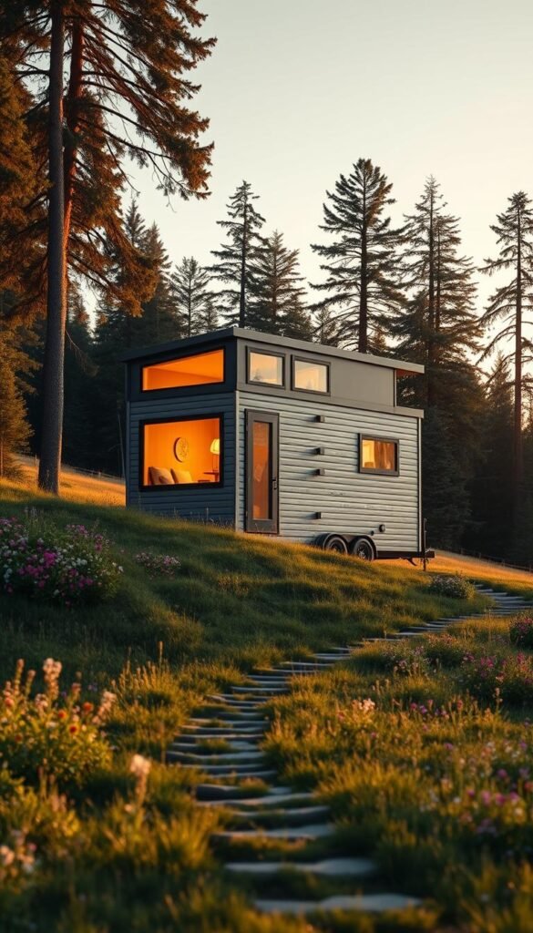 A large, wheeled mobile tiny house nestled in a lush, verdant landscape. The minimalist exterior features sleek, modern lines and a large, panoramic window that floods the interior with warm, natural light. The scene is bathed in soft, golden-hour illumination, creating a cozy, inviting atmosphere. The house is positioned on a gentle slope, surrounded by tall, swaying trees and a vibrant, colorful wildflower meadow. In the foreground, a meandering path leads towards the house, inviting the viewer to explore this self-sufficient, off-grid dwelling and embrace the freedom of a mobile, sustainable lifestyle. A large, wheeled mobile tiny house nestled in a lush, verdant landscape. The minimalist exterior features sleek, modern lines and a large, panoramic window that floods the interior with warm, natural light. The scene is bathed in soft, golden-hour illumination, creating a cozy, inviting atmosphere. The house is positioned on a gentle slope, surrounded by tall, swaying trees and a vibrant, colorful wildflower meadow. In the foreground, a meandering path leads towards the house, inviting the viewer to explore this self-sufficient, off-grid dwelling and embrace the freedom of a mobile, sustainable lifestyle.