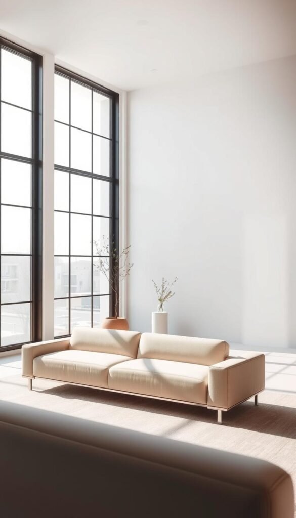 A minimalist, modern interior with a clean, airy atmosphere. In the foreground, a sleek, low-profile sofa in a neutral tone takes center stage. Behind it, a large window floods the space with natural light, casting a soft, diffused glow. The middle ground features a simple, cylindrical side table and a potted plant, adding subtle organic elements. The background showcases a smooth, white wall, emphasizing the simplicity and purity of the design. The scene is captured with a wide-angle lens, highlighting the spaciousness and balance of the minimalist aesthetic. The overall mood is one of tranquility, serenity, and thoughtful, intentional design. A minimalist, modern interior with a clean, airy atmosphere. In the foreground, a sleek, low-profile sofa in a neutral tone takes center stage. Behind it, a large window floods the space with natural light, casting a soft, diffused glow. The middle ground features a simple, cylindrical side table and a potted plant, adding subtle organic elements. The background showcases a smooth, white wall, emphasizing the simplicity and purity of the design. The scene is captured with a wide-angle lens, highlighting the spaciousness and balance of the minimalist aesthetic. The overall mood is one of tranquility, serenity, and thoughtful, intentional design.