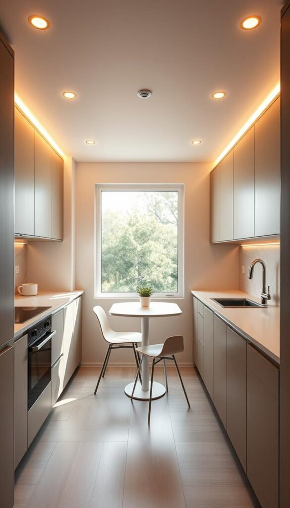 A modern, minimalist compact kitchen design with clean lines and a sleek, contemporary aesthetic. The kitchen features a U-shaped layout with a compact stove, oven, and sink integrated seamlessly into the countertops. Overhead, a row of recessed lighting casts a warm, ambient glow. The cabinets are a muted, neutral tone, complemented by a backsplash of smooth, natural stone tiles. In the center, a small dining table with two simple, streamlined chairs, providing a cozy space for meals. The kitchen is bathed in warm, natural light from a large window, creating a bright and airy atmosphere. The overall design maximizes functionality and storage in a compact footprint, perfect for a tiny home. A modern, minimalist compact kitchen design with clean lines and a sleek, contemporary aesthetic. The kitchen features a U-shaped layout with a compact stove, oven, and sink integrated seamlessly into the countertops. Overhead, a row of recessed lighting casts a warm, ambient glow. The cabinets are a muted, neutral tone, complemented by a backsplash of smooth, natural stone tiles. In the center, a small dining table with two simple, streamlined chairs, providing a cozy space for meals. The kitchen is bathed in warm, natural light from a large window, creating a bright and airy atmosphere. The overall design maximizes functionality and storage in a compact footprint, perfect for a tiny home.