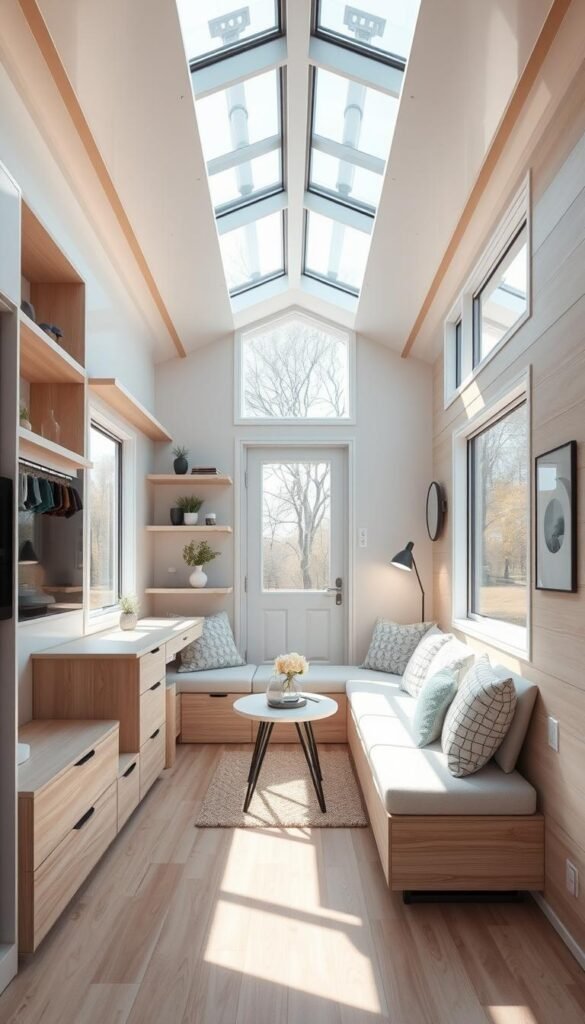 A modern, minimalist tiny home with an innovative, highly-customized interior layout. The focal point is a multifunctional space-saving design, showcasing sleek shelving, integrated seating, and transformative furniture. Soft, natural lighting filters through large, energy-efficient windows, creating a warm, airy ambiance. The color palette features clean whites, light woods, and accents of muted greens and blues, evoking a sense of calm and serenity. The composition emphasizes clean lines, geometric forms, and clever space optimization techniques, presenting a vision of the future of tiny home living. A modern, minimalist tiny home with an innovative, highly-customized interior layout. The focal point is a multifunctional space-saving design, showcasing sleek shelving, integrated seating, and transformative furniture. Soft, natural lighting filters through large, energy-efficient windows, creating a warm, airy ambiance. The color palette features clean whites, light woods, and accents of muted greens and blues, evoking a sense of calm and serenity. The composition emphasizes clean lines, geometric forms, and clever space optimization techniques, presenting a vision of the future of tiny home living.