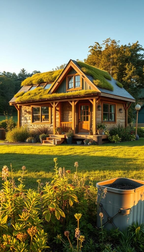 A picturesque eco-friendly tiny house nestled in a lush, verdant setting. The house's exterior features a combination of natural materials, such as reclaimed wood, straw bale walls, and a living green roof, blending seamlessly with the surrounding landscape. Large windows and a spacious front porch invite ample natural light and a connection to the outdoors. In the foreground, a small garden bursting with native flora and a compost bin hint at the homeowner's commitment to sustainable living. The scene is bathed in warm, golden hour sunlight, casting a serene and inviting atmosphere. Captured with a wide-angle lens to emphasize the harmonious integration of the tiny house with its environmentally-conscious design. A picturesque eco-friendly tiny house nestled in a lush, verdant setting. The house's exterior features a combination of natural materials, such as reclaimed wood, straw bale walls, and a living green roof, blending seamlessly with the surrounding landscape. Large windows and a spacious front porch invite ample natural light and a connection to the outdoors. In the foreground, a small garden bursting with native flora and a compost bin hint at the homeowner's commitment to sustainable living. The scene is bathed in warm, golden hour sunlight, casting a serene and inviting atmosphere. Captured with a wide-angle lens to emphasize the harmonious integration of the tiny house with its environmentally-conscious design.