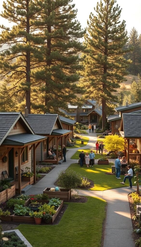 A quaint community of cozy tiny homes nestled in a lush, verdant landscape. Charming, single-story dwellings with weathered wood siding and pitched roofs line neatly paved walkways, surrounded by thriving vegetable gardens and whimsical shrubs. Soft, golden sunlight filters through towering pine trees, casting warm shadows on the scene. Residents gather on their porches, engaging in friendly conversation as children play together in a central, grassy commons. An atmosphere of peaceful community and sustainable living permeates the tranquil setting. A quaint community of cozy tiny homes nestled in a lush, verdant landscape. Charming, single-story dwellings with weathered wood siding and pitched roofs line neatly paved walkways, surrounded by thriving vegetable gardens and whimsical shrubs. Soft, golden sunlight filters through towering pine trees, casting warm shadows on the scene. Residents gather on their porches, engaging in friendly conversation as children play together in a central, grassy commons. An atmosphere of peaceful community and sustainable living permeates the tranquil setting.