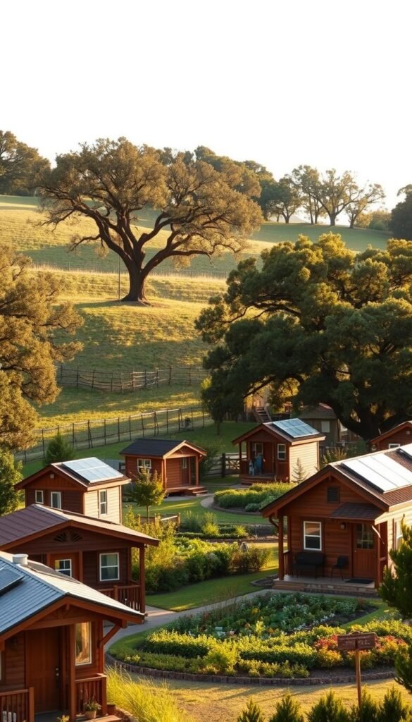 A quaint, picturesque tiny home community nestled in the rolling hills of Tyler, Texas. In the foreground, a cluster of charming, meticulously designed tiny houses with warm, earthy tones and rustic accents, their roofs adorned with solar panels. The midground reveals a lush, well-manicured communal garden, with residents tending to their produce. In the background, a line of mature oak trees sways gently in the breeze, casting soft, dappled shadows over the scene. The lighting is soft and golden, creating a serene, inviting atmosphere, as if captured during the golden hour. This idyllic setting showcases the harmonious integration of sustainable living and community-driven lifestyle that makes Tyler, Texas an ideal destination for tiny home enthusiasts. A quaint, picturesque tiny home community nestled in the rolling hills of Tyler, Texas. In the foreground, a cluster of charming, meticulously designed tiny houses with warm, earthy tones and rustic accents, their roofs adorned with solar panels. The midground reveals a lush, well-manicured communal garden, with residents tending to their produce. In the background, a line of mature oak trees sways gently in the breeze, casting soft, dappled shadows over the scene. The lighting is soft and golden, creating a serene, inviting atmosphere, as if captured during the golden hour. This idyllic setting showcases the harmonious integration of sustainable living and community-driven lifestyle that makes Tyler, Texas an ideal destination for tiny home enthusiasts.