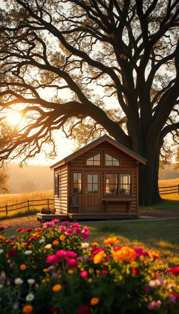 A quaint tiny house nestled amidst the rolling hills near Tyler, Texas. The exterior features a charming wooden facade with a wraparound porch, inviting potential buyers to imagine their future peaceful country life. In the foreground, a well-tended garden bursts with colorful blooms. The middle ground showcases the house's compact yet efficient layout, with large windows allowing ample natural light to flood the interior. In the background, towering oak trees sway gently, creating a serene, rural atmosphere. Warm, golden sunlight filters through the leaves, casting a soft, romantic glow over the entire scene. The overall mood is one of tranquility, comfort, and the promise of a simpler, more fulfilling way of living. A quaint tiny house nestled amidst the rolling hills near Tyler, Texas. The exterior features a charming wooden facade with a wraparound porch, inviting potential buyers to imagine their future peaceful country life. In the foreground, a well-tended garden bursts with colorful blooms. The middle ground showcases the house's compact yet efficient layout, with large windows allowing ample natural light to flood the interior. In the background, towering oak trees sway gently, creating a serene, rural atmosphere. Warm, golden sunlight filters through the leaves, casting a soft, romantic glow over the entire scene. The overall mood is one of tranquility, comfort, and the promise of a simpler, more fulfilling way of living.