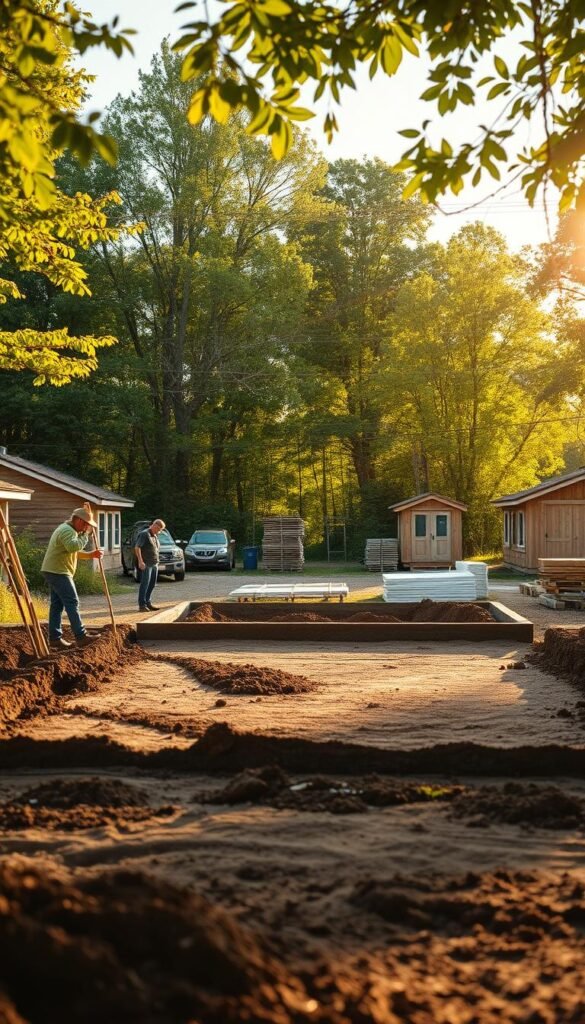 A serene, sun-dappled site preparation for compact homes, with a well-defined foreground of a team of workers carefully leveling the ground, smoothing the soil, and laying the foundation. In the middle ground, neatly stacked building materials and equipment stand ready, while in the distance, the lush, verdant foliage of a wooded suburban setting provides a natural backdrop. The scene is captured with a warm, golden-hour lighting, creating a sense of tranquility and the promise of a sustainable, eco-friendly living space to come. Captured with a wide-angle lens to emphasize the expansive, welcoming nature of the site. A serene, sun-dappled site preparation for compact homes, with a well-defined foreground of a team of workers carefully leveling the ground, smoothing the soil, and laying the foundation. In the middle ground, neatly stacked building materials and equipment stand ready, while in the distance, the lush, verdant foliage of a wooded suburban setting provides a natural backdrop. The scene is captured with a warm, golden-hour lighting, creating a sense of tranquility and the promise of a sustainable, eco-friendly living space to come. Captured with a wide-angle lens to emphasize the expansive, welcoming nature of the site.