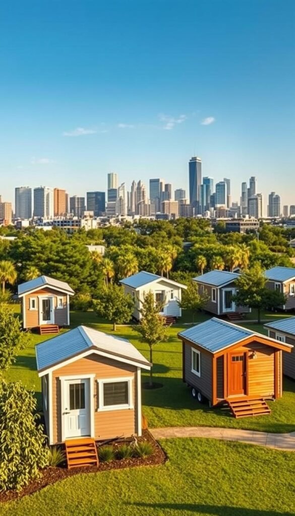 A serene urban scene showcasing popular tiny home models in Houston. In the foreground, several meticulously detailed compact dwellings stand proudly, their clean lines and modern architectural styles capturing the essence of efficient living. The middle ground features lush greenery and well-manicured lawns, creating a tranquil oasis amidst the urban landscape. In the background, the iconic Houston skyline rises, its skyscrapers dotting the horizon, providing a picturesque contrast to the compact homes. The scene is bathed in warm, golden natural lighting, lending a cozy and inviting atmosphere. The perspective is slightly elevated, allowing for a comprehensive view of the tiny home models and their harmonious integration within the Houston cityscape. A serene urban scene showcasing popular tiny home models in Houston. In the foreground, several meticulously detailed compact dwellings stand proudly, their clean lines and modern architectural styles capturing the essence of efficient living. The middle ground features lush greenery and well-manicured lawns, creating a tranquil oasis amidst the urban landscape. In the background, the iconic Houston skyline rises, its skyscrapers dotting the horizon, providing a picturesque contrast to the compact homes. The scene is bathed in warm, golden natural lighting, lending a cozy and inviting atmosphere. The perspective is slightly elevated, allowing for a comprehensive view of the tiny home models and their harmonious integration within the Houston cityscape.
