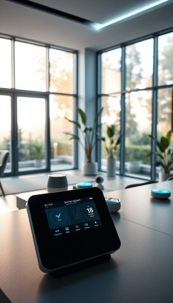 A sleek, futuristic smart home interior filled with state-of-the-art technology. In the foreground, a minimalist touchscreen control panel glows with a soft blue light, its intuitive interface beckoning to be explored. In the middle ground, various smart home devices seamlessly blend into the modern decor - a voice-activated assistant, a security camera, and a thermostat that adjusts the ambient temperature with a subtle hum. The background reveals floor-to-ceiling windows, bathing the space in warm, natural light and offering a panoramic view of a lush, sustainable garden beyond. An atmosphere of effortless innovation and harmonious living pervades the scene, capturing the essence of the future of smart home technology. A sleek, futuristic smart home interior filled with state-of-the-art technology. In the foreground, a minimalist touchscreen control panel glows with a soft blue light, its intuitive interface beckoning to be explored. In the middle ground, various smart home devices seamlessly blend into the modern decor - a voice-activated assistant, a security camera, and a thermostat that adjusts the ambient temperature with a subtle hum. The background reveals floor-to-ceiling windows, bathing the space in warm, natural light and offering a panoramic view of a lush, sustainable garden beyond. An atmosphere of effortless innovation and harmonious living pervades the scene, capturing the essence of the future of smart home technology.