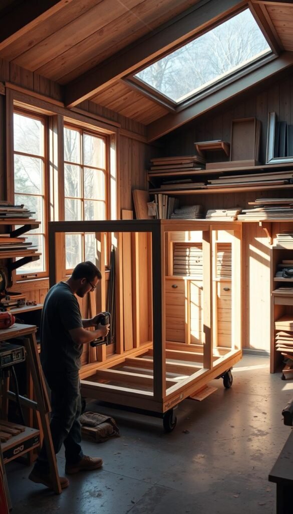 A small workshop nestled in a tranquil suburban setting, sunlight filtering through the large windows, casting a warm glow on the tools and workbenches within. In the foreground, a skilled craftsman carefully assembles the frame of a compact, meticulously designed tiny home, their hands deftly wielding a nail gun. Shelves along the walls display an array of building materials, from reclaimed wood panels to sleek metal accents. The overall atmosphere is one of focused concentration and pride in the creation of these innovative, space-efficient dwellings. A small workshop nestled in a tranquil suburban setting, sunlight filtering through the large windows, casting a warm glow on the tools and workbenches within. In the foreground, a skilled craftsman carefully assembles the frame of a compact, meticulously designed tiny home, their hands deftly wielding a nail gun. Shelves along the walls display an array of building materials, from reclaimed wood panels to sleek metal accents. The overall atmosphere is one of focused concentration and pride in the creation of these innovative, space-efficient dwellings.