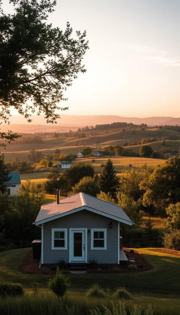An idyllic rural Georgia landscape, dotted with small, cozy tiny homes nestled amidst rolling hills and lush greenery. In the foreground, a quaint, modern tiny home with a wraparound porch and a neatly manicured yard. In the middle ground, other tiny homes peeking out from behind trees and shrubbery, each with its own unique architectural style and personality. The background features a distant horizon of gently sloping hills, painted in warm, golden hues by the soft, diffused light of the setting sun. The scene conveys a sense of tranquility, freedom, and the perfect balance between nature and personal living space, making it an inviting haven for tiny home enthusiasts. An idyllic rural Georgia landscape, dotted with small, cozy tiny homes nestled amidst rolling hills and lush greenery. In the foreground, a quaint, modern tiny home with a wraparound porch and a neatly manicured yard. In the middle ground, other tiny homes peeking out from behind trees and shrubbery, each with its own unique architectural style and personality. The background features a distant horizon of gently sloping hills, painted in warm, golden hues by the soft, diffused light of the setting sun. The scene conveys a sense of tranquility, freedom, and the perfect balance between nature and personal living space, making it an inviting haven for tiny home enthusiasts.