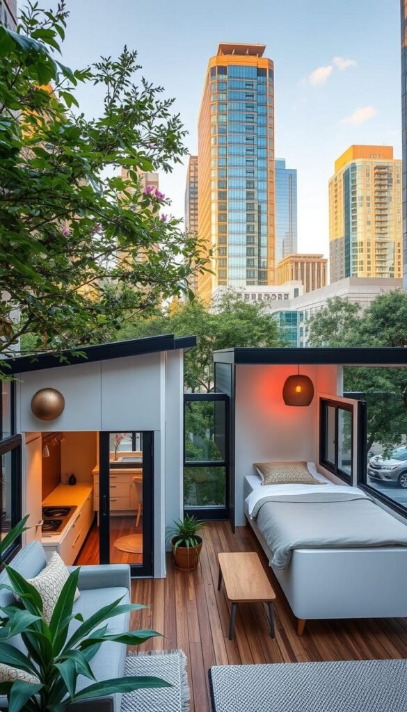 Compact and cozy living spaces in Houston's urban neighborhoods, showcasing modern, minimalist tiny houses nestled between lush greenery and vibrant skyscrapers. Warm natural lighting filters through large windows, illuminating the clean, functional interiors with sleek furnishings and clever storage solutions. The scene exudes a sense of peaceful retreat amidst the bustling cityscape, inviting viewers to imagine the comfort and convenience of downsized, affordable living close to the heart of the city. Compact and cozy living spaces in Houston's urban neighborhoods, showcasing modern, minimalist tiny houses nestled between lush greenery and vibrant skyscrapers. Warm natural lighting filters through large windows, illuminating the clean, functional interiors with sleek furnishings and clever storage solutions. The scene exudes a sense of peaceful retreat amidst the bustling cityscape, inviting viewers to imagine the comfort and convenience of downsized, affordable living close to the heart of the city.