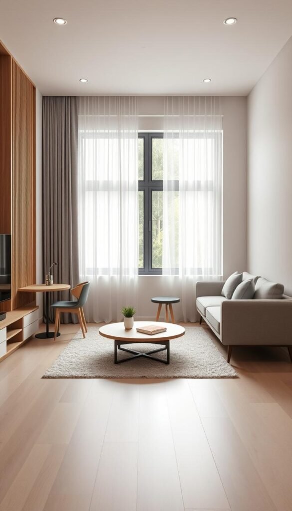 Compact living spaces, a minimalist studio apartment with sleek, modern furnishings. A large window floods the room with warm, natural light, casting a soft glow on the clean-lined sofa and minimalist coffee table. In the corner, a small dining table with two chairs, perfect for intimate meals. The neutral color palette of whites, grays, and natural wood tones creates a tranquil, zen-like atmosphere. Subtle textures in the form of a plush rug and throw pillows add depth and visual interest. Overhead, recessed lighting illuminates the space, highlighting the open, airy layout. Through the window, a glimpse of lush greenery, hinting at the connection to the outdoors. An inspiring vision of efficient, stylish living in a compact environment. Compact living spaces, a minimalist studio apartment with sleek, modern furnishings. A large window floods the room with warm, natural light, casting a soft glow on the clean-lined sofa and minimalist coffee table. In the corner, a small dining table with two chairs, perfect for intimate meals. The neutral color palette of whites, grays, and natural wood tones creates a tranquil, zen-like atmosphere. Subtle textures in the form of a plush rug and throw pillows add depth and visual interest. Overhead, recessed lighting illuminates the space, highlighting the open, airy layout. Through the window, a glimpse of lush greenery, hinting at the connection to the outdoors. An inspiring vision of efficient, stylish living in a compact environment.