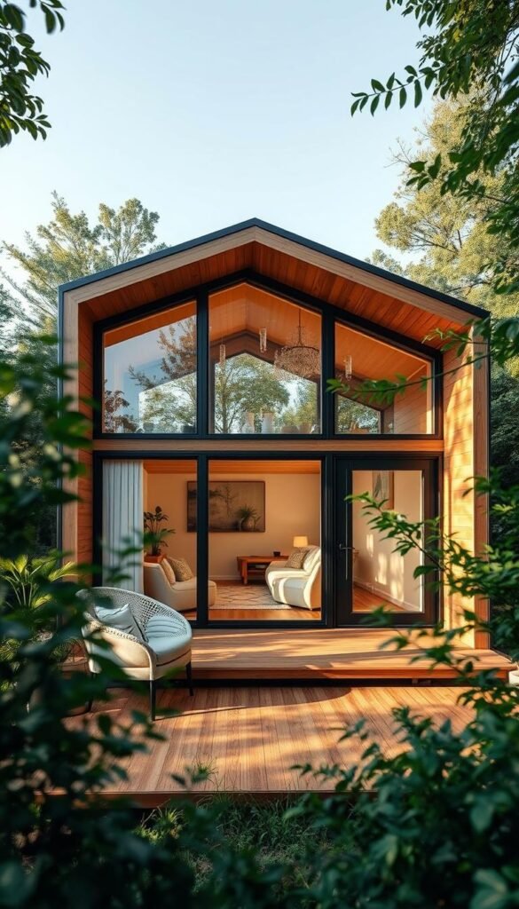 Customizable modular homes nestled in a serene natural landscape. A contemporary, minimalist design with clean lines and large windows that seamlessly integrate the indoor and outdoor spaces. Warm hardwood floors and neutral color palettes create a cozy, inviting atmosphere. Modular, reconfigurable elements allow for endless layout possibilities, catering to each homeowner's unique lifestyle and needs. Soft, diffused natural lighting filters through the expansive windows, casting a warm glow throughout the airy, open-concept living areas. Lush, verdant foliage frames the scene, blurring the boundaries between the manmade and the natural. An oasis of calm and personalization, a modern interpretation of the tiny home dream. Customizable modular homes nestled in a serene natural landscape. A contemporary, minimalist design with clean lines and large windows that seamlessly integrate the indoor and outdoor spaces. Warm hardwood floors and neutral color palettes create a cozy, inviting atmosphere. Modular, reconfigurable elements allow for endless layout possibilities, catering to each homeowner's unique lifestyle and needs. Soft, diffused natural lighting filters through the expansive windows, casting a warm glow throughout the airy, open-concept living areas. Lush, verdant foliage frames the scene, blurring the boundaries between the manmade and the natural. An oasis of calm and personalization, a modern interpretation of the tiny home dream.