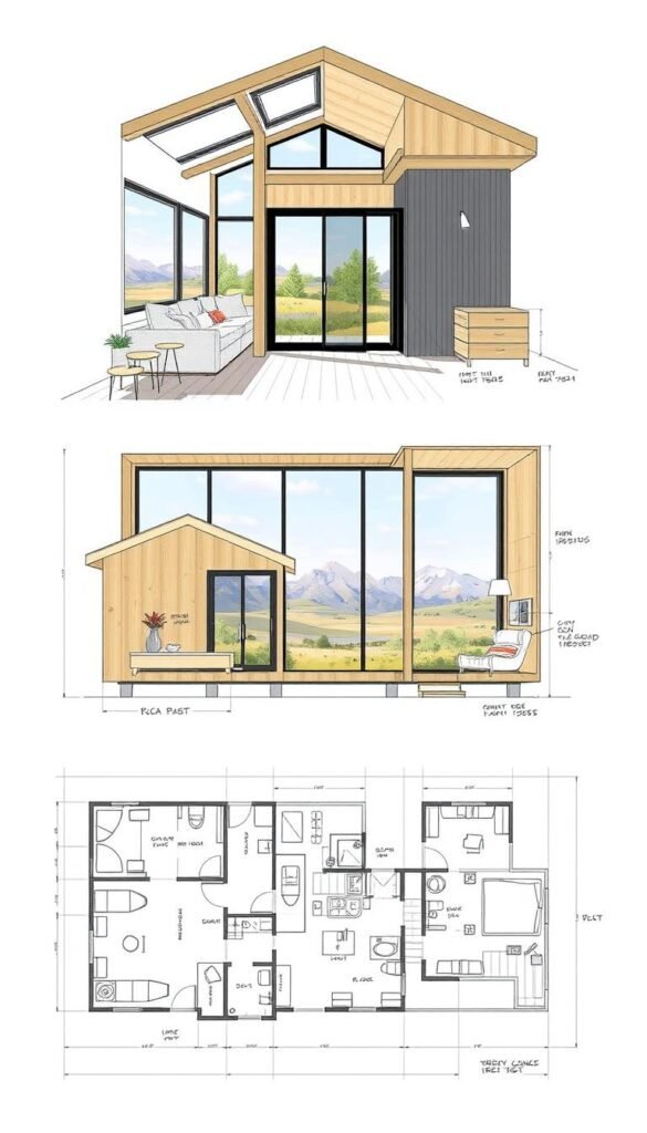 Detailed architectural sketches of modern tiny home designs and floor plans, featuring clean lines, efficient use of space, and eco-friendly materials. Vibrant natural lighting illuminates the minimalist interiors, with large windows framing picturesque outdoor landscapes. Subtle variations in rooflines, textures, and colors create visual interest, while carefully positioned furniture and fixtures maximize functionality within the compact layouts. Presented in a technical drawing style with precise measurements and annotations, showcasing the thoughtful planning and innovative concepts behind these versatile, sustainable living spaces. Detailed architectural sketches of modern tiny home designs and floor plans, featuring clean lines, efficient use of space, and eco-friendly materials. Vibrant natural lighting illuminates the minimalist interiors, with large windows framing picturesque outdoor landscapes. Subtle variations in rooflines, textures, and colors create visual interest, while carefully positioned furniture and fixtures maximize functionality within the compact layouts. Presented in a technical drawing style with precise measurements and annotations, showcasing the thoughtful planning and innovative concepts behind these versatile, sustainable living spaces.
