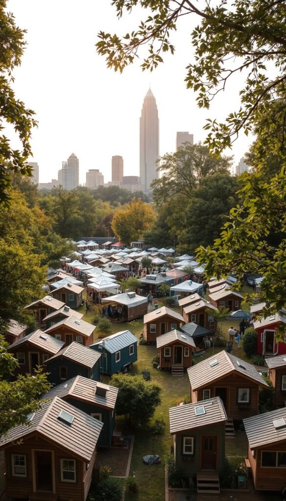 Tiny home market in Atlanta, Georgia. A quaint outdoor marketplace nestled among lush greenery, bustling with a diverse array of compact, eco-friendly dwellings. In the foreground, intricate model homes display their innovative designs, drawing the curious gazes of potential buyers. The middle ground features an array of tents and stalls, offering a wide selection of accessories, furnishings, and sustainable living solutions. In the background, the Atlanta skyline stands tall, creating a harmonious contrast between urban density and the more tranquil, self-sufficient lifestyle embodied by the tiny home community. Soft, diffused sunlight filters through the trees, creating a warm, inviting atmosphere that reflects the market's emphasis on simplicity, sustainability, and the pursuit of a more intentional way of living. Tiny home market in Atlanta, Georgia. A quaint outdoor marketplace nestled among lush greenery, bustling with a diverse array of compact, eco-friendly dwellings. In the foreground, intricate model homes display their innovative designs, drawing the curious gazes of potential buyers. The middle ground features an array of tents and stalls, offering a wide selection of accessories, furnishings, and sustainable living solutions. In the background, the Atlanta skyline stands tall, creating a harmonious contrast between urban density and the more tranquil, self-sufficient lifestyle embodied by the tiny home community. Soft, diffused sunlight filters through the trees, creating a warm, inviting atmosphere that reflects the market's emphasis on simplicity, sustainability, and the pursuit of a more intentional way of living.