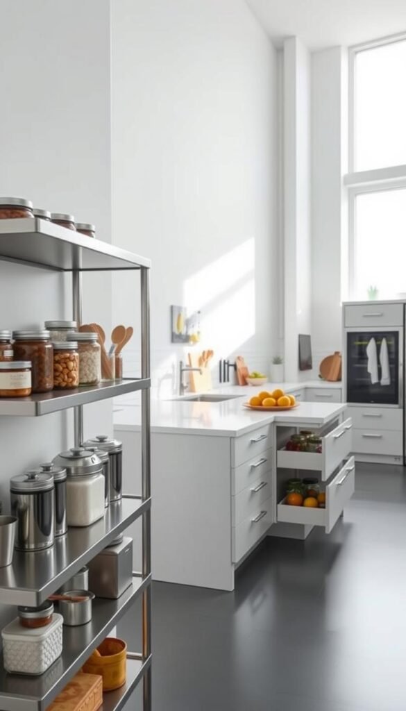 A bright, minimalist kitchen showcasing compact storage solutions. In the foreground, sleek stainless steel shelves hold neatly organized jars, canisters, and utensils. The middle ground features a streamlined kitchen island with built-in drawers and cabinets, optimizing every inch of space. The background depicts a light-filled space with clean white walls and a large window, creating an airy, open atmosphere. The lighting is soft and natural, accentuating the clean lines and practical design elements. The overall mood is one of efficiency, organization, and a thoughtful approach to small-space living. A bright, minimalist kitchen showcasing compact storage solutions. In the foreground, sleek stainless steel shelves hold neatly organized jars, canisters, and utensils. The middle ground features a streamlined kitchen island with built-in drawers and cabinets, optimizing every inch of space. The background depicts a light-filled space with clean white walls and a large window, creating an airy, open atmosphere. The lighting is soft and natural, accentuating the clean lines and practical design elements. The overall mood is one of efficiency, organization, and a thoughtful approach to small-space living.
