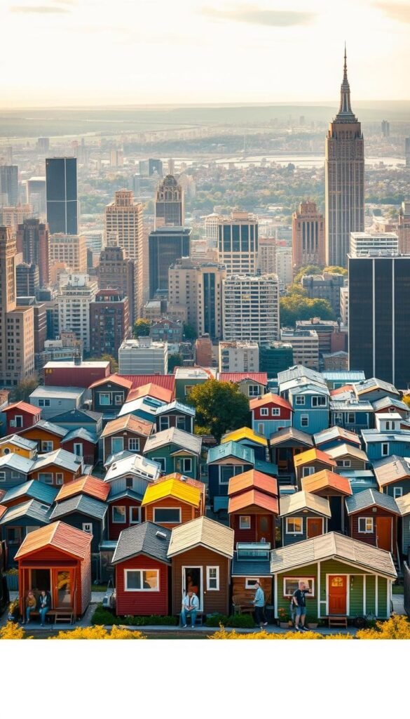 A bustling city skyline with a collection of colorful, compact tiny homes nestled among the buildings, symbolizing the growth of the tiny home movement. The foreground features a diverse array of tiny home designs, ranging from modern minimalist to rustic cabin-style, each with unique architectural elements. In the middle ground, people are shown interacting with the tiny homes, highlighting the vibrant community and lifestyle. The background showcases a vibrant, urban landscape with a mix of high-rises and greenery, suggesting the integration of the tiny home movement within the larger city. The scene is illuminated by warm, golden sunlight, creating a cozy and inviting atmosphere that reflects the appeal of tiny home living. A bustling city skyline with a collection of colorful, compact tiny homes nestled among the buildings, symbolizing the growth of the tiny home movement. The foreground features a diverse array of tiny home designs, ranging from modern minimalist to rustic cabin-style, each with unique architectural elements. In the middle ground, people are shown interacting with the tiny homes, highlighting the vibrant community and lifestyle. The background showcases a vibrant, urban landscape with a mix of high-rises and greenery, suggesting the integration of the tiny home movement within the larger city. The scene is illuminated by warm, golden sunlight, creating a cozy and inviting atmosphere that reflects the appeal of tiny home living.