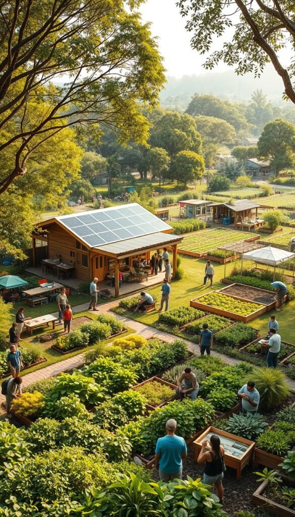 A bustling community center nestled in a lush, verdant landscape. In the foreground, residents engage in sustainable workshops - tending to a vibrant community garden, repairing household items, and swapping skills. The middle ground features a solar-powered pavilion hosting an open-air market, where local producers sell their organic wares. In the background, a network of raised garden beds and composting stations showcases the community's commitment to closed-loop living. Soft, natural lighting filters through the canopy of trees, creating a warm, inviting atmosphere that embodies the essence of sustainable, collaborative living. A bustling community center nestled in a lush, verdant landscape. In the foreground, residents engage in sustainable workshops - tending to a vibrant community garden, repairing household items, and swapping skills. The middle ground features a solar-powered pavilion hosting an open-air market, where local producers sell their organic wares. In the background, a network of raised garden beds and composting stations showcases the community's commitment to closed-loop living. Soft, natural lighting filters through the canopy of trees, creating a warm, inviting atmosphere that embodies the essence of sustainable, collaborative living.
