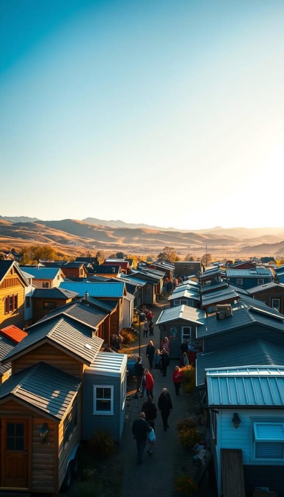 A bustling tiny home market, showcasing an array of cozy, meticulously designed dwellings against a backdrop of rolling hills and a vibrant blue sky. The foreground features an array of tiny homes in various styles, from sleek modern designs to rustic cabins, each with unique architectural details and flourishes. In the middle ground, potential buyers leisurely explore the market, examining the homes and conversing with friendly vendors. The scene is bathed in warm, golden lighting, creating a welcoming and inviting atmosphere, capturing the essence of the thriving tiny home rental market.