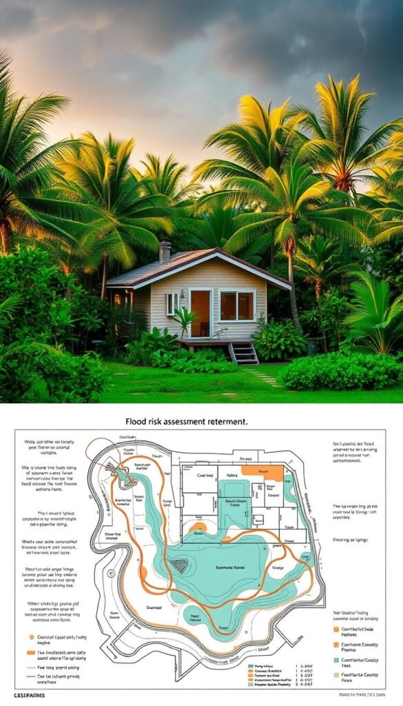 A compact home nestled in a lush, subtropical landscape, with a detailed flood risk assessment overlaid. The foreground showcases a meticulous diagram highlighting potential water entry points, drainage issues, and flood-prone areas around the dwelling. The middle ground depicts the compact home itself, surrounded by verdant foliage and swaying palm trees, bathed in warm, golden light. In the background, ominous storm clouds loom, hinting at the environmental challenges faced in this coastal region. The overall scene conveys a sense of diligence and preparedness, as the homeowners navigate the delicate balance between compact living and resilience against extreme weather events. A compact home nestled in a lush, subtropical landscape, with a detailed flood risk assessment overlaid. The foreground showcases a meticulous diagram highlighting potential water entry points, drainage issues, and flood-prone areas around the dwelling. The middle ground depicts the compact home itself, surrounded by verdant foliage and swaying palm trees, bathed in warm, golden light. In the background, ominous storm clouds loom, hinting at the environmental challenges faced in this coastal region. The overall scene conveys a sense of diligence and preparedness, as the homeowners navigate the delicate balance between compact living and resilience against extreme weather events.