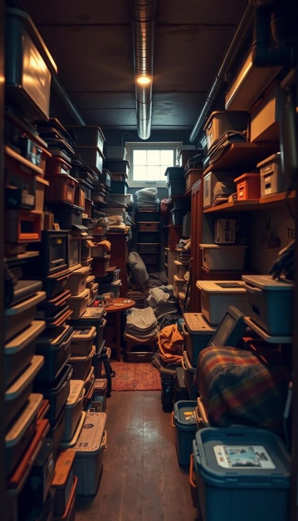 A compact living space with a cluttered, cramped interior. Narrow walkways, stacks of storage containers, and an abundance of furnishings crammed into a limited floor plan. Warm, muted lighting casts shadows, creating a claustrophobic atmosphere. The camera angles capture the sense of confinement, emphasizing the challenges of maximizing functionality within a small footprint. Muted colors and textures convey the practical, utilitarian nature of the space, while subtle details like exposed pipes and unfinished surfaces suggest the constraints of limited square footage.