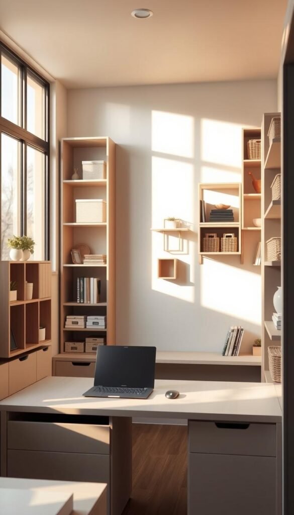 A compact, well-organized home office nook with sleek modular shelving units, floating display cubes, and strategically placed storage baskets. The scene is bathed in warm, natural lighting filtering through large windows, conveying a cozy, productive atmosphere. In the foreground, a minimalist desk with hidden drawers and a modern laptop setup. The middle ground features various sized cubbies, wall-mounted shelves, and clever storage solutions, all in a harmonious color palette. The background showcases a clean, uncluttered space, emphasizing the efficient use of every square inch. The overall impression is one of thoughtful, space-saving design that maximizes functionality without sacrificing style. A compact, well-organized home office nook with sleek modular shelving units, floating display cubes, and strategically placed storage baskets. The scene is bathed in warm, natural lighting filtering through large windows, conveying a cozy, productive atmosphere. In the foreground, a minimalist desk with hidden drawers and a modern laptop setup. The middle ground features various sized cubbies, wall-mounted shelves, and clever storage solutions, all in a harmonious color palette. The background showcases a clean, uncluttered space, emphasizing the efficient use of every square inch. The overall impression is one of thoughtful, space-saving design that maximizes functionality without sacrificing style.