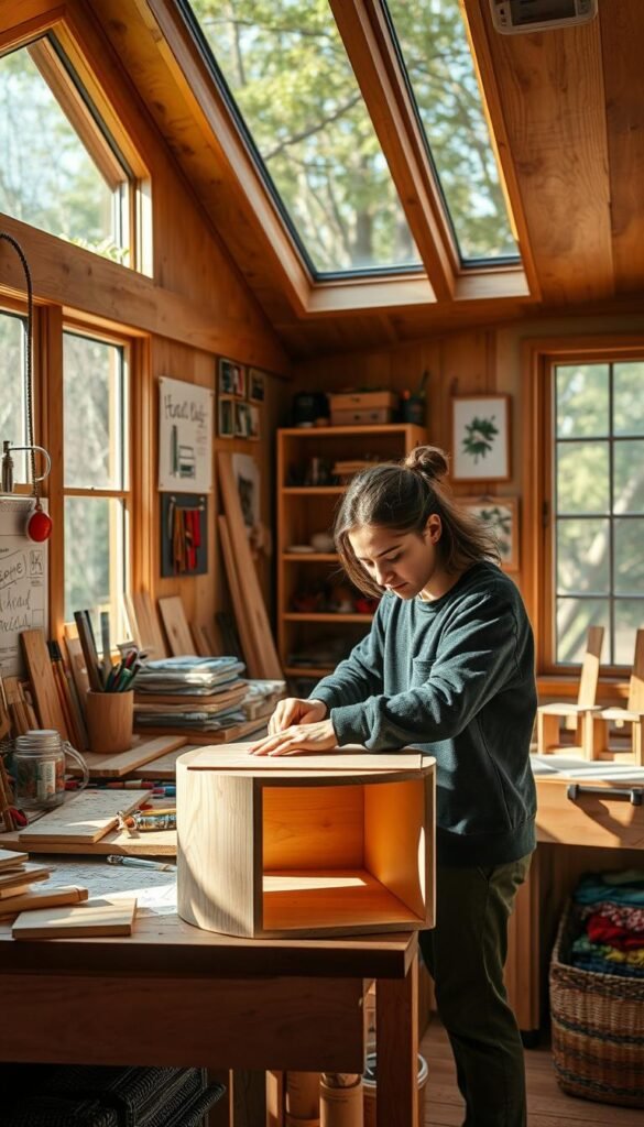 A cozy DIY tiny home workshop, bathed in warm natural light streaming through large windows. On the workbench, an array of tools and materials - wood planks, colorful fabrics, miniature furniture pieces. In the foreground, a person carefully sands a custom-built shelf, their face filled with focused determination. The walls are adorned with inspirational design sketches and mood boards, hinting at the endless possibilities for personalization. The atmosphere is one of creativity, problem-solving, and the rewarding journey of transforming a small space into a unique, personalized haven. A cozy DIY tiny home workshop, bathed in warm natural light streaming through large windows. On the workbench, an array of tools and materials - wood planks, colorful fabrics, miniature furniture pieces. In the foreground, a person carefully sands a custom-built shelf, their face filled with focused determination. The walls are adorned with inspirational design sketches and mood boards, hinting at the endless possibilities for personalization. The atmosphere is one of creativity, problem-solving, and the rewarding journey of transforming a small space into a unique, personalized haven.
