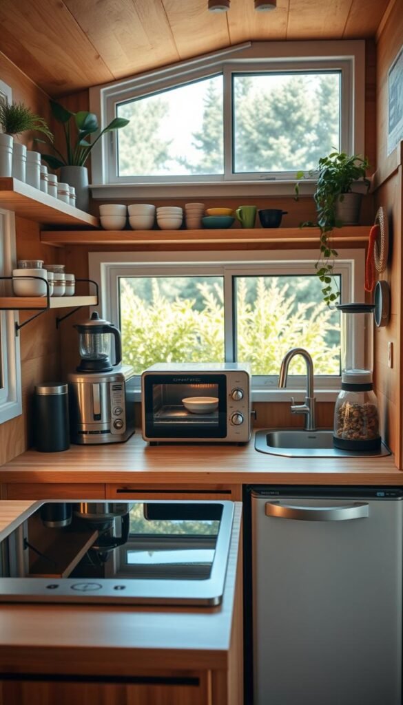 A cozy and efficient tiny home kitchen, bathed in warm, natural light. In the foreground, a set of sleek, energy-efficient appliances: a compact induction cooktop, a mini dishwasher, and a mini fridge with a modern, minimalist design. On the countertop, a retro-styled toaster oven and a sleek, whisper-quiet blender. The middle ground features neatly organized shelves stocked with eco-friendly cookware and small storage containers. In the background, a large window overlooks a lush, verdant garden, evoking a sense of tranquility and sustainability. The overall mood is one of simplicity, functionality, and a harmonious integration of technology and nature. A cozy and efficient tiny home kitchen, bathed in warm, natural light. In the foreground, a set of sleek, energy-efficient appliances: a compact induction cooktop, a mini dishwasher, and a mini fridge with a modern, minimalist design. On the countertop, a retro-styled toaster oven and a sleek, whisper-quiet blender. The middle ground features neatly organized shelves stocked with eco-friendly cookware and small storage containers. In the background, a large window overlooks a lush, verdant garden, evoking a sense of tranquility and sustainability. The overall mood is one of simplicity, functionality, and a harmonious integration of technology and nature.