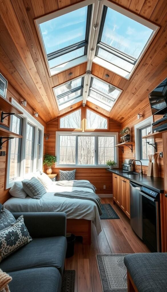 A cozy and efficient tiny house interior, showcasing clever space-saving solutions. In the foreground, a multifunctional murphy bed folds down from the wall, transforming the living room into a guest bedroom. Suspended shelves and a compact kitchen with hidden storage optimize every square inch. Skylights and large windows flood the space with natural light, creating an airy, spacious feel. Earthy tones, natural wood accents, and minimal decor enhance the sense of tranquility. An angled, wide-angle lens captures the clever layout, highlighting how thoughtful design can maximize the functionality of a tiny home. A cozy and efficient tiny house interior, showcasing clever space-saving solutions. In the foreground, a multifunctional murphy bed folds down from the wall, transforming the living room into a guest bedroom. Suspended shelves and a compact kitchen with hidden storage optimize every square inch. Skylights and large windows flood the space with natural light, creating an airy, spacious feel. Earthy tones, natural wood accents, and minimal decor enhance the sense of tranquility. An angled, wide-angle lens captures the clever layout, highlighting how thoughtful design can maximize the functionality of a tiny home.