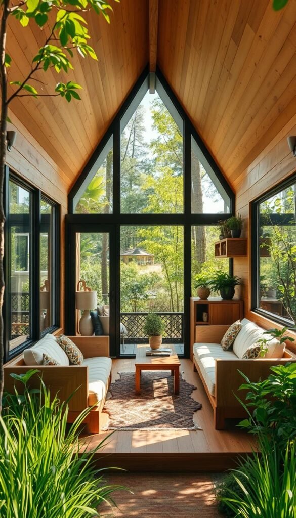 A cozy and efficient tiny house nestled in a lush, green landscape. The sleek, modern exterior features clean lines and large windows that seamlessly blend indoor and outdoor living. The interior is thoughtfully designed, with multifunctional furniture, ample storage, and a bright, airy atmosphere. Warm, natural lighting filters through the space, highlighting the use of sustainable materials and a minimalist aesthetic. The layout maximizes every square foot, showcasing smart design solutions that optimize energy efficiency and livability. The result is a harmonious, nature-inspired dwelling that embodies the essence of sustainable living. A cozy and efficient tiny house nestled in a lush, green landscape. The sleek, modern exterior features clean lines and large windows that seamlessly blend indoor and outdoor living. The interior is thoughtfully designed, with multifunctional furniture, ample storage, and a bright, airy atmosphere. Warm, natural lighting filters through the space, highlighting the use of sustainable materials and a minimalist aesthetic. The layout maximizes every square foot, showcasing smart design solutions that optimize energy efficiency and livability. The result is a harmonious, nature-inspired dwelling that embodies the essence of sustainable living.