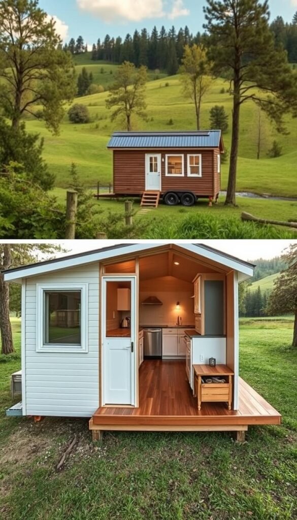 A cozy and efficient tiny house nestled in a lush, serene landscape. The foreground features a well-designed, minimalist exterior with clean lines, large windows, and a modest porch. The middle ground showcases a neatly organized interior with smart storage solutions, a compact kitchen, and a comfortable living area. The background depicts a tranquil, rolling countryside with towering trees and a peaceful stream. Warm, natural lighting filters through the windows, creating a inviting and sustainable atmosphere. Captured with a wide-angle lens to emphasize the compact yet functional layout, this image illustrates the cost-effective and environmentally-friendly benefits of tiny house living.