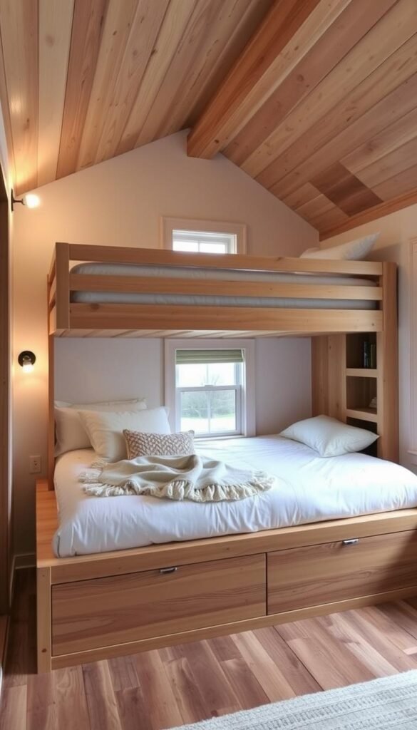 A cozy and functional DIY built-in bunk bed platform in a warm, rustic-inspired interior. The platform features a sturdy wooden frame with a smooth, sanded surface, elevated to provide ample storage space underneath. Plush mattresses and fluffy bedding in neutral tones create a comfortable sleeping area, while custom-built shelves and cubbies on the side walls offer convenient storage solutions. Soft, diffused lighting from sconces illuminates the scene, casting a gentle glow and enhancing the inviting atmosphere. The room's wooden beams, earth-toned textiles, and natural accents imbue the space with a charming, homey vibe, perfect for a kids' bedroom in a tiny home. A cozy and functional DIY built-in bunk bed platform in a warm, rustic-inspired interior. The platform features a sturdy wooden frame with a smooth, sanded surface, elevated to provide ample storage space underneath. Plush mattresses and fluffy bedding in neutral tones create a comfortable sleeping area, while custom-built shelves and cubbies on the side walls offer convenient storage solutions. Soft, diffused lighting from sconces illuminates the scene, casting a gentle glow and enhancing the inviting atmosphere. The room's wooden beams, earth-toned textiles, and natural accents imbue the space with a charming, homey vibe, perfect for a kids' bedroom in a tiny home.
