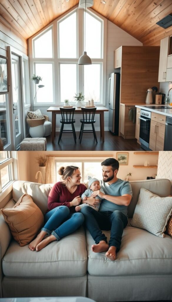 A cozy and functional tiny home interior, with a warm and inviting atmosphere. In the foreground, a young family - a mother, father, and a newborn baby - sits together on a plush, comfortable sofa, basking in the soft, natural lighting from large windows. The middle ground features smart, space-saving furniture and storage solutions, optimizing the limited space. In the background, a well-organized kitchen and dining area, with clean, minimalist designs that enhance the sense of openness. The overall scene conveys a harmonious, family-oriented environment, where every inch of the tiny home is purposefully utilized to create a nurturing and enjoyable living space. A cozy and functional tiny home interior, with a warm and inviting atmosphere. In the foreground, a young family - a mother, father, and a newborn baby - sits together on a plush, comfortable sofa, basking in the soft, natural lighting from large windows. The middle ground features smart, space-saving furniture and storage solutions, optimizing the limited space. In the background, a well-organized kitchen and dining area, with clean, minimalist designs that enhance the sense of openness. The overall scene conveys a harmonious, family-oriented environment, where every inch of the tiny home is purposefully utilized to create a nurturing and enjoyable living space.