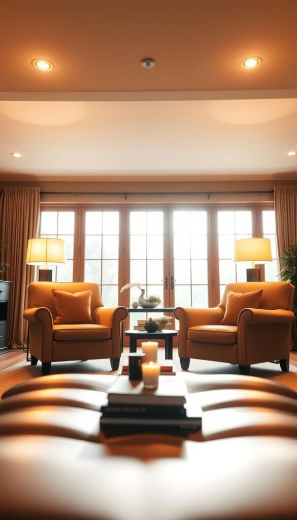A cozy and inviting living room filled with warm, diffused lighting. In the foreground, a pair of plush armchairs bathed in a soft, golden glow from a pair of table lamps with linen shades. In the middle ground, a low coffee table with a stack of books and a decorative candle, casting a gentle flicker across the room. The background features a large, floor-to-ceiling window, allowing natural light to filter in, creating a serene and calming atmosphere. The walls are painted in a muted, earthy tone, and subtle, ambient lighting fixtures are mounted along the ceiling, adding to the overall sense of coziness and comfort. A cozy and inviting living room filled with warm, diffused lighting. In the foreground, a pair of plush armchairs bathed in a soft, golden glow from a pair of table lamps with linen shades. In the middle ground, a low coffee table with a stack of books and a decorative candle, casting a gentle flicker across the room. The background features a large, floor-to-ceiling window, allowing natural light to filter in, creating a serene and calming atmosphere. The walls are painted in a muted, earthy tone, and subtle, ambient lighting fixtures are mounted along the ceiling, adding to the overall sense of coziness and comfort.