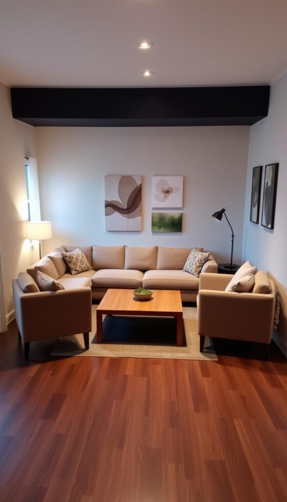 A cozy and inviting small living room arrangement, with a plush L-shaped sofa positioned in the foreground, facing a minimalist wooden coffee table. A pair of comfortable armchairs flank the sofa, creating an intimate conversation area. The room is illuminated by a warm, soft lighting that casts a gentle glow, enhancing the welcoming atmosphere. The walls are painted in a soothing neutral color, with a few pieces of abstract wall art adding a touch of elegance. The flooring is a sleek, dark-toned hardwood, complementing the room's modern yet homely vibe. The overall layout maximizes the available space, showcasing how smart furniture placement can transform a compact living area into a functional and visually appealing haven. A cozy and inviting small living room arrangement, with a plush L-shaped sofa positioned in the foreground, facing a minimalist wooden coffee table. A pair of comfortable armchairs flank the sofa, creating an intimate conversation area. The room is illuminated by a warm, soft lighting that casts a gentle glow, enhancing the welcoming atmosphere. The walls are painted in a soothing neutral color, with a few pieces of abstract wall art adding a touch of elegance. The flooring is a sleek, dark-toned hardwood, complementing the room's modern yet homely vibe. The overall layout maximizes the available space, showcasing how smart furniture placement can transform a compact living area into a functional and visually appealing haven.