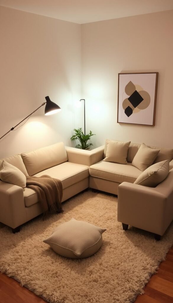 A cozy and inviting small-space living room arrangement, featuring a plush sectional sofa with clean lines and a coordinating loveseat in a soft, neutral palette. The furniture is positioned to maximize the available floor space, with the sectional tucked neatly into the corner and the loveseat angled for conversation. Warm, diffused lighting from a mid-century modern floor lamp casts a gentle glow, creating a welcoming ambiance. Textured throw pillows and a fluffy area rug add visual interest and comfort underfoot. The scene is framed by a minimalist, contemporary wall art piece, enhancing the sophisticated yet relaxed atmosphere. A cozy and inviting small-space living room arrangement, featuring a plush sectional sofa with clean lines and a coordinating loveseat in a soft, neutral palette. The furniture is positioned to maximize the available floor space, with the sectional tucked neatly into the corner and the loveseat angled for conversation. Warm, diffused lighting from a mid-century modern floor lamp casts a gentle glow, creating a welcoming ambiance. Textured throw pillows and a fluffy area rug add visual interest and comfort underfoot. The scene is framed by a minimalist, contemporary wall art piece, enhancing the sophisticated yet relaxed atmosphere.