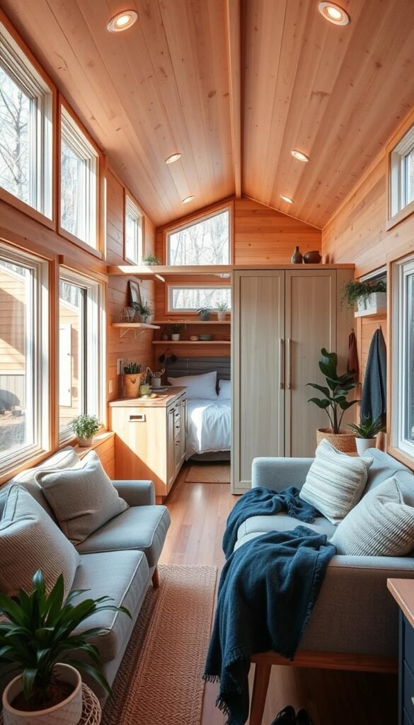 A cozy and inviting tiny home interior, bathed in warm, natural lighting from large windows. The main living space features a minimalist, Scandinavian-inspired design with clean lines, light wood tones, and plush, neutral-colored furnishings. A multifunctional storage unit doubles as a room divider, seamlessly integrating the kitchen and living areas. The bedroom nook is nestled in the corner, offering a sense of privacy and tranquility. Soft textures, potted plants, and personal decor elements create a harmonious, couples-friendly atmosphere conducive to relaxation and connection. A cozy and inviting tiny home interior, bathed in warm, natural lighting from large windows. The main living space features a minimalist, Scandinavian-inspired design with clean lines, light wood tones, and plush, neutral-colored furnishings. A multifunctional storage unit doubles as a room divider, seamlessly integrating the kitchen and living areas. The bedroom nook is nestled in the corner, offering a sense of privacy and tranquility. Soft textures, potted plants, and personal decor elements create a harmonious, couples-friendly atmosphere conducive to relaxation and connection.