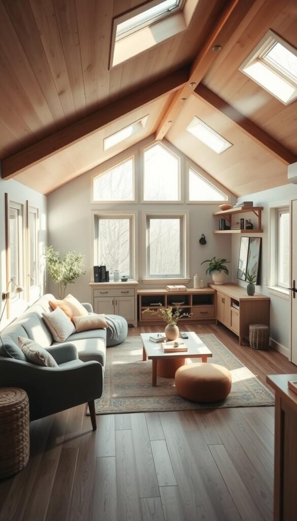 A cozy and inviting tiny house living room with an open, airy layout. Sunlight streams in through large windows, illuminating the space with a warm, natural glow. The room features minimalist Scandinavian-inspired furniture, including a comfortable sofa, accent chairs, and a low coffee table. Strategically placed shelves and storage units maximize the available space, creating an uncluttered and organized feel. The color palette is muted and earthy, with touches of greenery and natural wood accents that blend harmoniously. The overall atmosphere is one of tranquility and effortless style, perfectly capturing the essence of a personalized tiny home living room. A cozy and inviting tiny house living room with an open, airy layout. Sunlight streams in through large windows, illuminating the space with a warm, natural glow. The room features minimalist Scandinavian-inspired furniture, including a comfortable sofa, accent chairs, and a low coffee table. Strategically placed shelves and storage units maximize the available space, creating an uncluttered and organized feel. The color palette is muted and earthy, with touches of greenery and natural wood accents that blend harmoniously. The overall atmosphere is one of tranquility and effortless style, perfectly capturing the essence of a personalized tiny home living room.