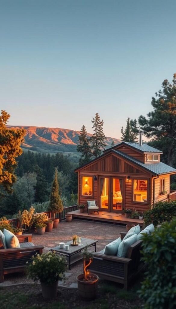 A cozy and inviting tiny house nestled in a lush, verdant landscape. The foreground features a well-designed outdoor living space, with a comfortable seating area, a small dining table, and potted plants adding a touch of greenery. The middle ground showcases the tiny house itself, its warm, wooden exterior complemented by large windows that allow natural light to flood the interior. In the background, a serene backdrop of rolling hills, towering trees, and a clear, blue sky create a peaceful, tranquil atmosphere. The scene is illuminated by soft, golden lighting, creating a welcoming and inviting ambiance perfect for a family's hybrid indoor-outdoor living experience. A cozy and inviting tiny house nestled in a lush, verdant landscape. The foreground features a well-designed outdoor living space, with a comfortable seating area, a small dining table, and potted plants adding a touch of greenery. The middle ground showcases the tiny house itself, its warm, wooden exterior complemented by large windows that allow natural light to flood the interior. In the background, a serene backdrop of rolling hills, towering trees, and a clear, blue sky create a peaceful, tranquil atmosphere. The scene is illuminated by soft, golden lighting, creating a welcoming and inviting ambiance perfect for a family's hybrid indoor-outdoor living experience.