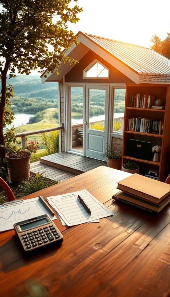 A cozy and inviting tiny house nestled in a tranquil, lush garden setting. In the foreground, a wooden table with a calculator, notepad, and various financial planning documents, conveying the careful financial considerations of tiny house living. Warm, natural lighting filters through the large windows, casting a soft glow on the scene. The middle ground features a neatly organized bookshelf with personal finance books and a laptop, hinting at the research and planning involved. In the background, a scenic view of rolling hills or a serene lakefront, symbolizing the freedom and lifestyle benefits of tiny house living. The overall atmosphere is one of thoughtful, deliberate financial preparation for the next chapter of life. A cozy and inviting tiny house nestled in a tranquil, lush garden setting. In the foreground, a wooden table with a calculator, notepad, and various financial planning documents, conveying the careful financial considerations of tiny house living. Warm, natural lighting filters through the large windows, casting a soft glow on the scene. The middle ground features a neatly organized bookshelf with personal finance books and a laptop, hinting at the research and planning involved. In the background, a scenic view of rolling hills or a serene lakefront, symbolizing the freedom and lifestyle benefits of tiny house living. The overall atmosphere is one of thoughtful, deliberate financial preparation for the next chapter of life.