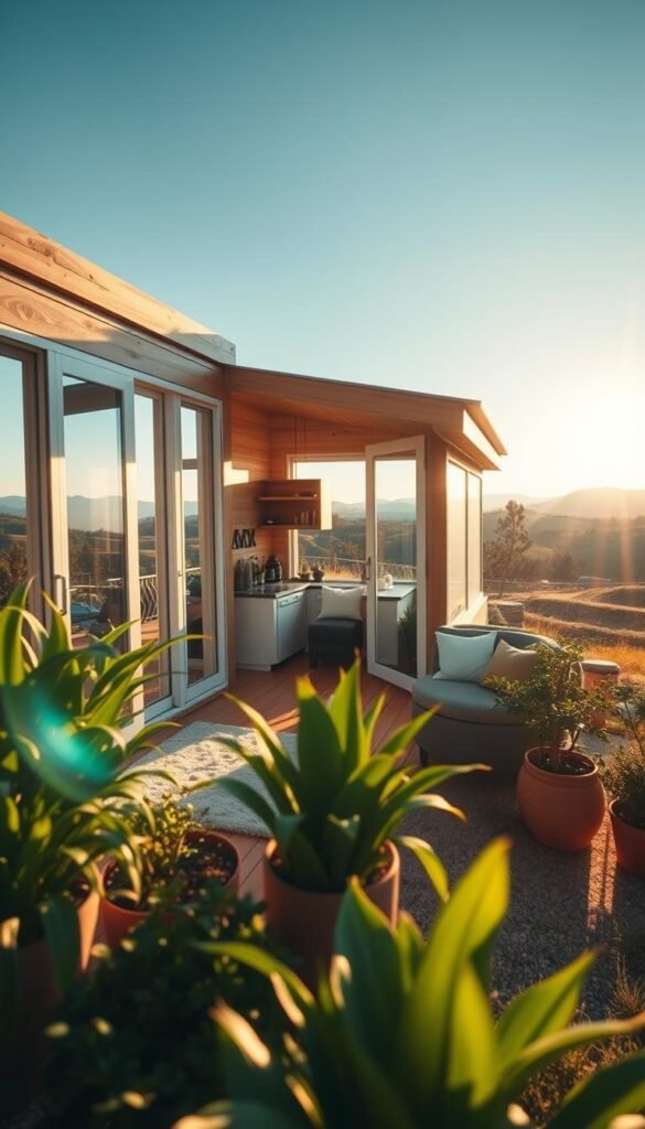 A cozy and inviting tiny house with seamless indoor-outdoor integration, bathed in warm afternoon sunlight filtering through large windows and sliding glass doors. In the foreground, lush potted plants and natural wood accents create a harmonious connection to the outdoors. The middle ground features a minimalist yet functional living space, with clean lines and neutral tones that amplify the sense of openness. In the background, a picturesque landscape unfolds, showcasing the tiny home's integration with its natural surroundings - rolling hills, towering trees, and a distant horizon. An atmosphere of tranquility and mindful living pervades the scene, inviting the viewer to experience the joys of a tiny-house lifestyle closely connected to the rhythms of nature. A cozy and inviting tiny house with seamless indoor-outdoor integration, bathed in warm afternoon sunlight filtering through large windows and sliding glass doors. In the foreground, lush potted plants and natural wood accents create a harmonious connection to the outdoors. The middle ground features a minimalist yet functional living space, with clean lines and neutral tones that amplify the sense of openness. In the background, a picturesque landscape unfolds, showcasing the tiny home's integration with its natural surroundings - rolling hills, towering trees, and a distant horizon. An atmosphere of tranquility and mindful living pervades the scene, inviting the viewer to experience the joys of a tiny-house lifestyle closely connected to the rhythms of nature.